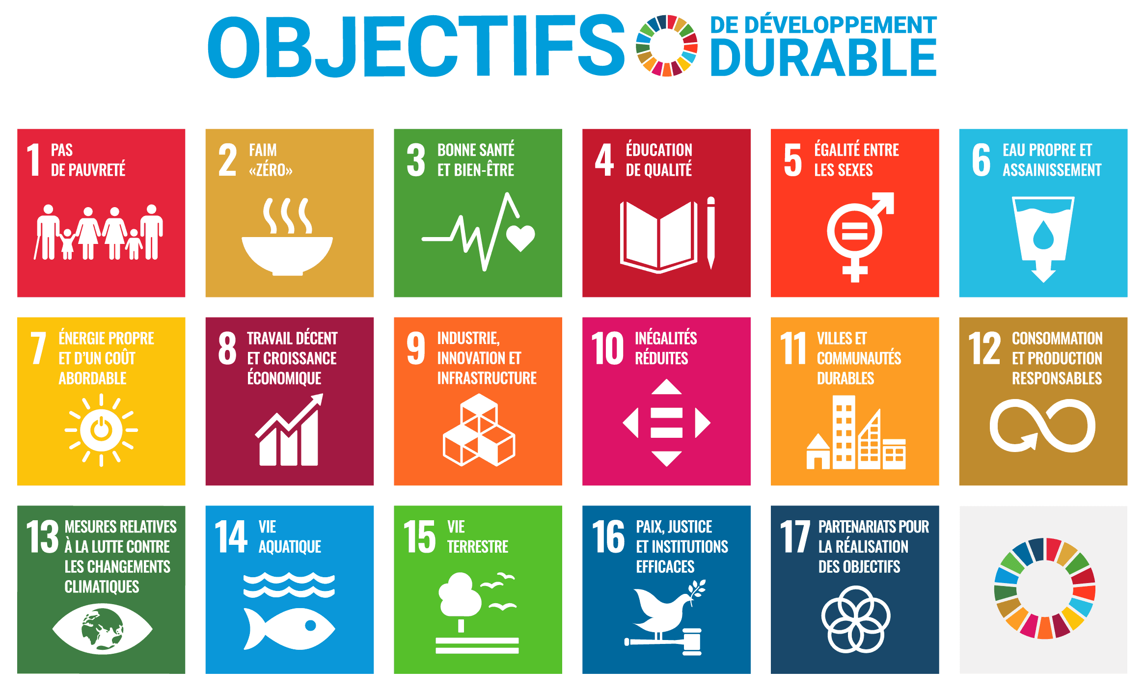 Les 17 objectifs de développement durable : 1. Pas de pauvreté, 2. Faim « zéro », 3. Bonne santé et bien-être, 4. Éducation de qualité, 5. Égalité entre les sexes, 6. Eau propre et assainissement, 7. Énergie propre et d’un coût abordable, 8. Travail décent et croissance économique, 9. Industrie, innovation et infrastructure, 10. Inégalités réduites, 11. Villes et communautés durables, 12. Consommation et production responsables, 13. Lutte contre les changements climatiques, 14. Vie aquatique, 15. Vie terrestre, 16. Paix, justice et institutions efficaces, 17. Partenariats pour la réalisation des objectifs.